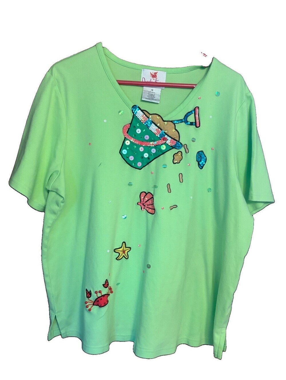 Quacker Factory 1X Lime Green Beach Theme Top Sequins Bucket Shells Crab